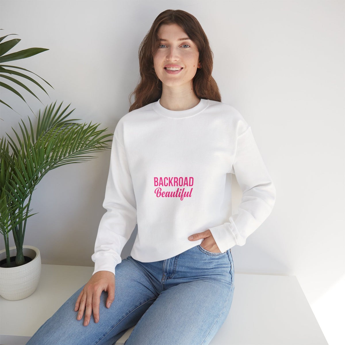 Crewneck Sweatshirt — "Backroad Beautiful" Pink Script Cozy Pullover