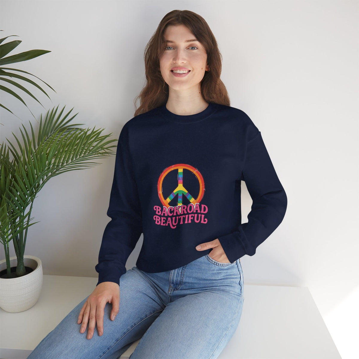 Backroad Beautiful Peace Sign Sweatshirt - Retro Rainbow Crewneck