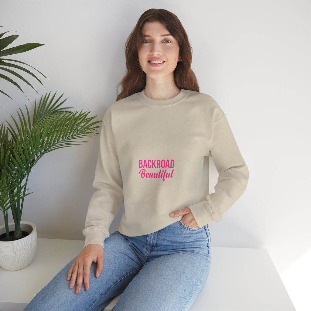 Crewneck Sweatshirt — "Backroad Beautiful" Pink Script Cozy Pullover