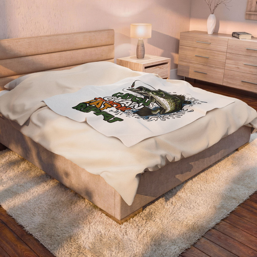 Fishing Velveteen Plush Blanket — “Catch Clean Cook Eat Repeat” Bass Throw