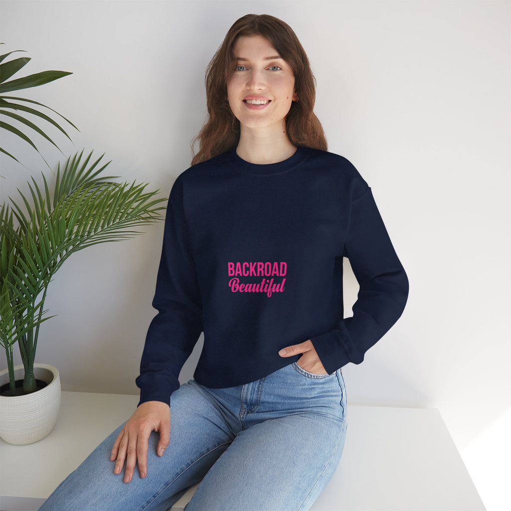 Crewneck Sweatshirt — "Backroad Beautiful" Pink Script Cozy Pullover