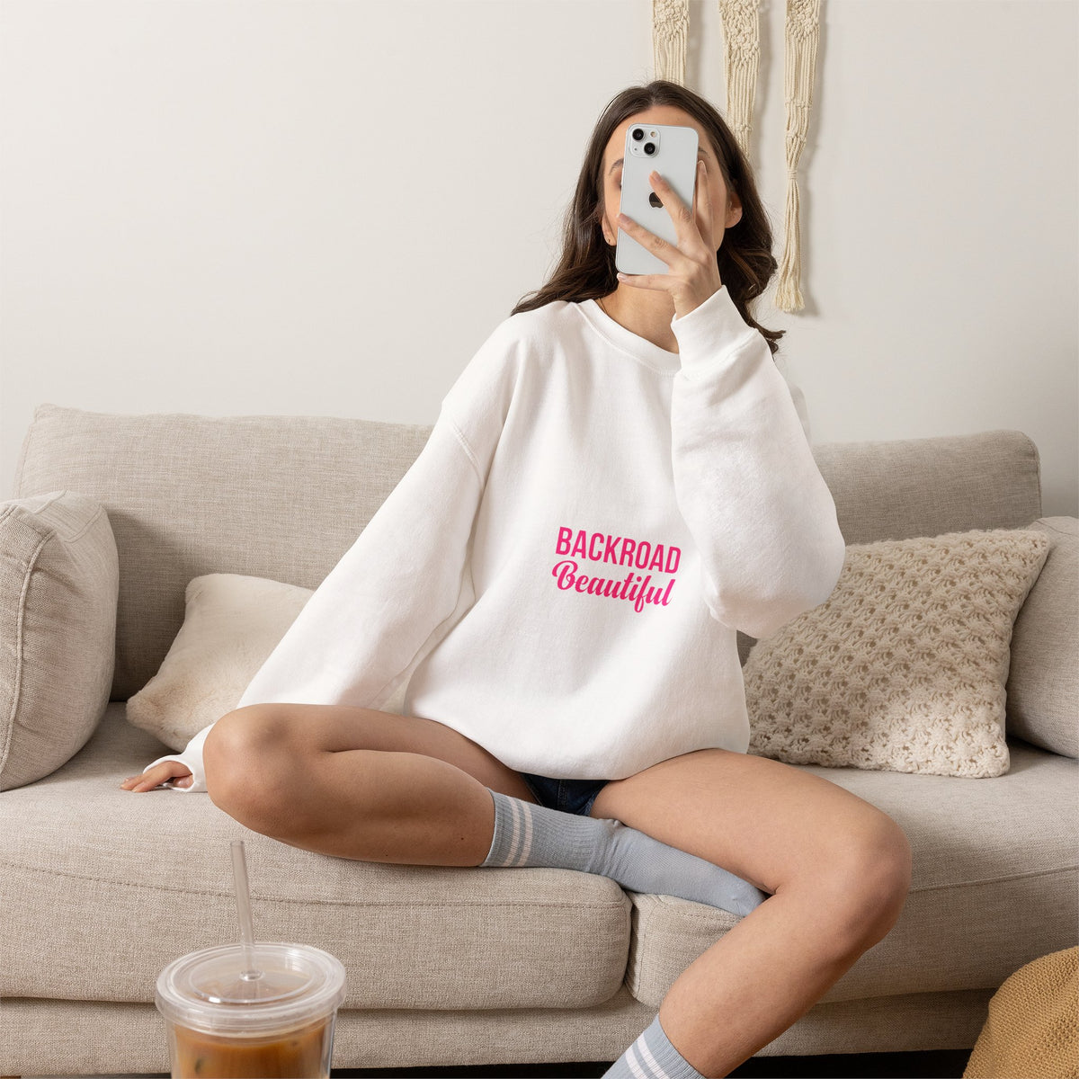 Crewneck Sweatshirt — "Backroad Beautiful" Pink Script Cozy Pullover