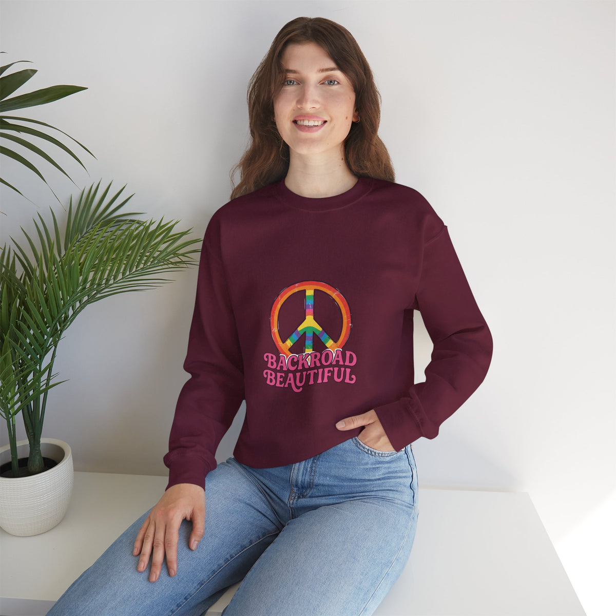Backroad Beautiful Peace Sign Sweatshirt - Retro Rainbow Crewneck