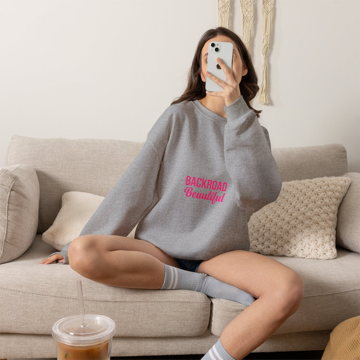 Crewneck Sweatshirt — "Backroad Beautiful" Pink Script Cozy Pullover
