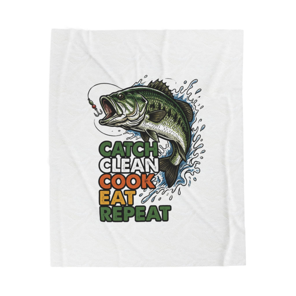 Fishing Blanket – “Catch Clean Cook Eat Repeat” Velveteen Plush Throw
