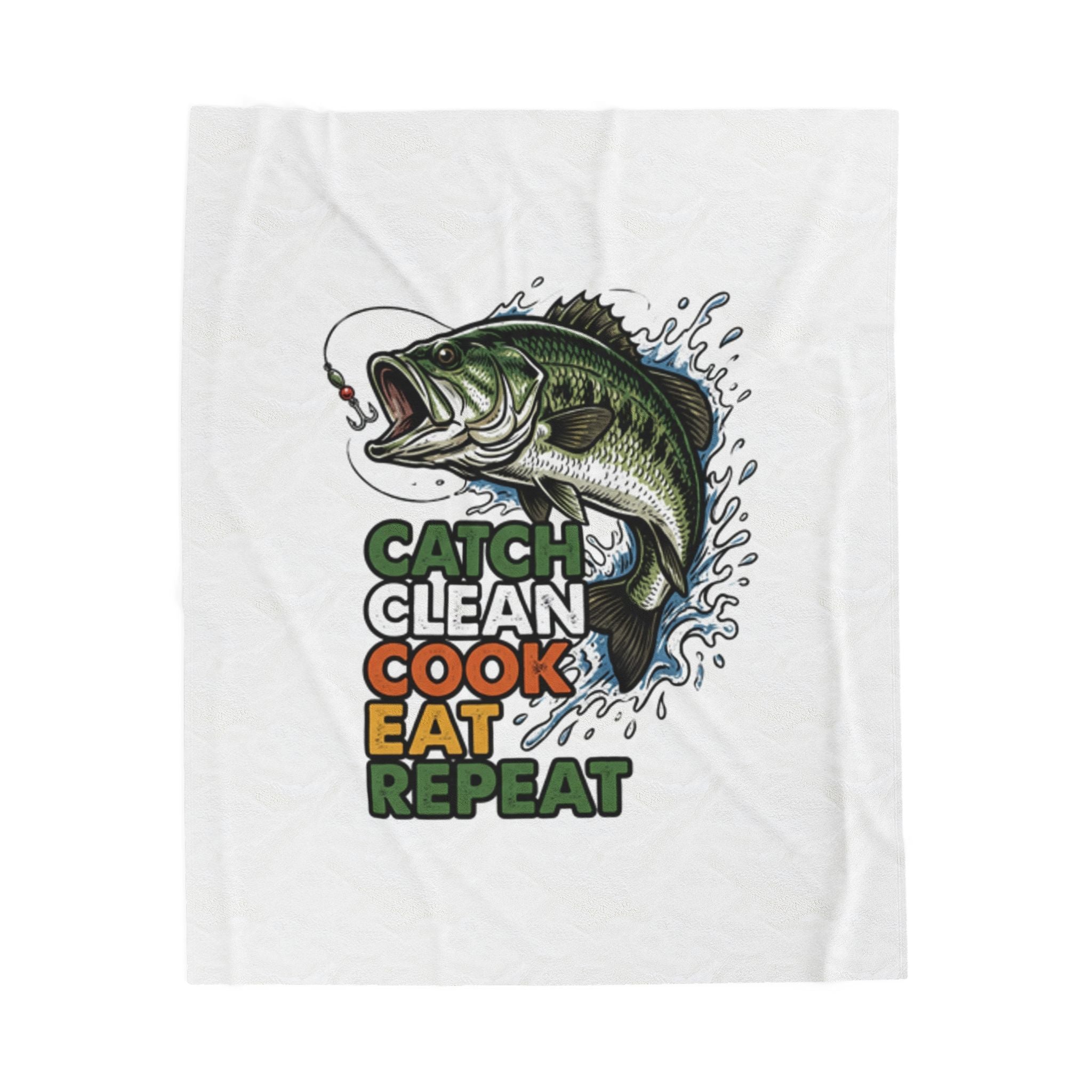 Fishing Blanket – “Catch Clean Cook Eat Repeat” Velveteen Plush Throw