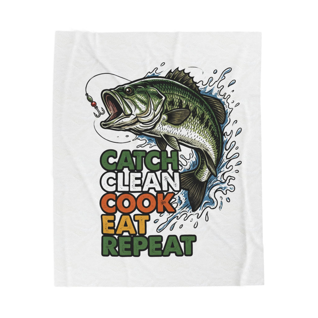 Fishing Velveteen Plush Blanket — “Catch Clean Cook Eat Repeat” Bass Throw