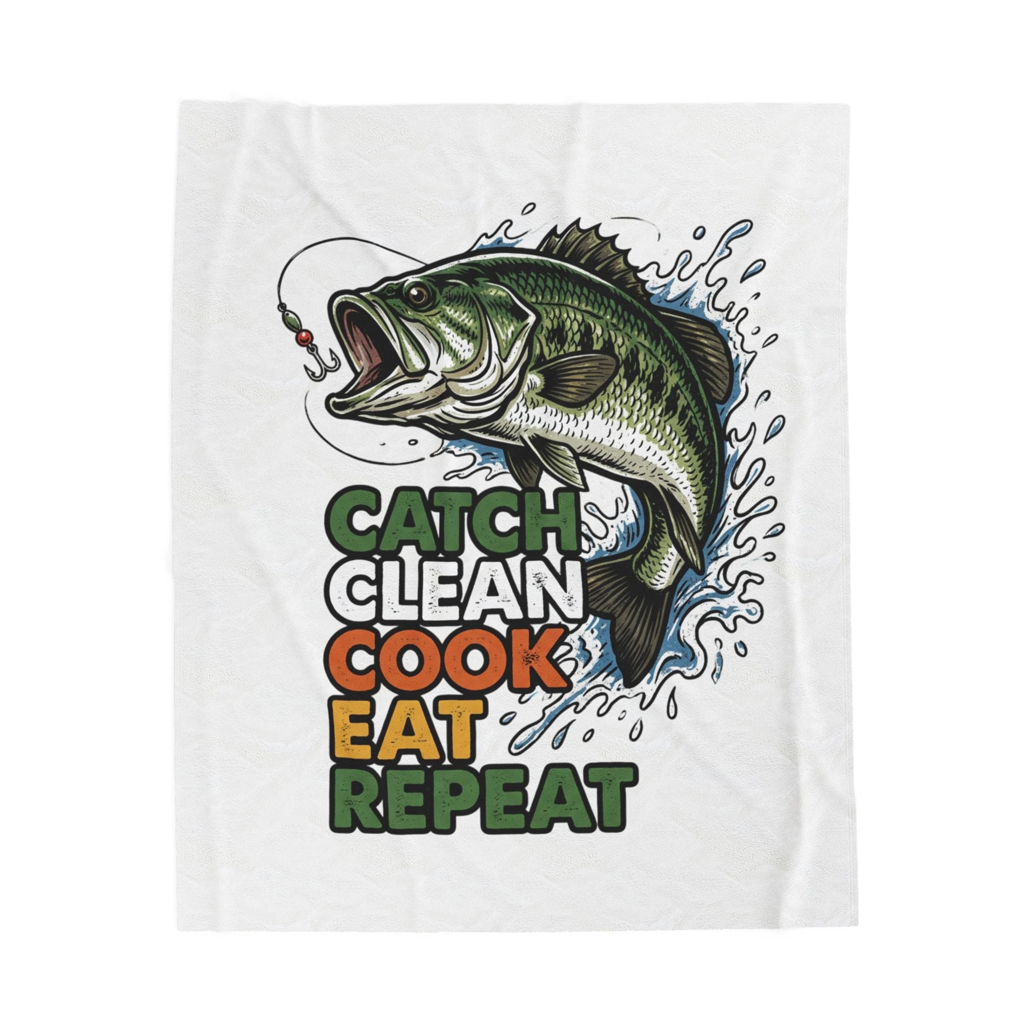 Fishing Velveteen Plush Blanket — “Catch Clean Cook Eat Repeat” Bass Throw