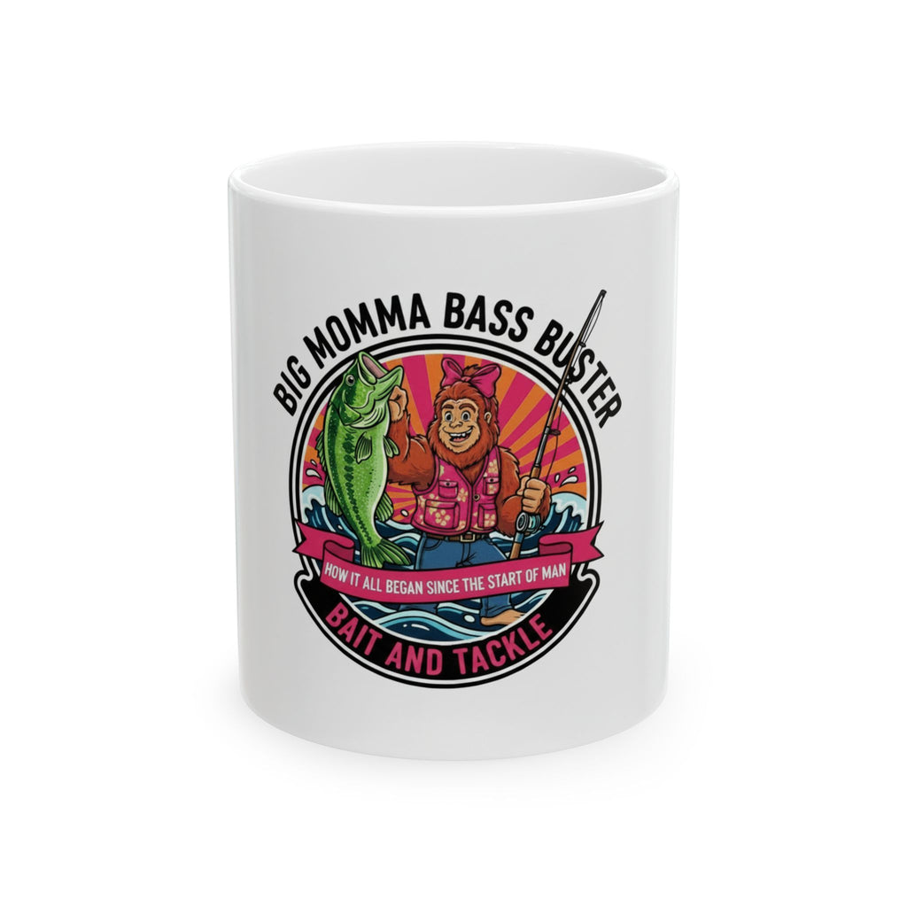 Bass Buster Fishing Mug — “Big Momma Bass Buster” Bait & Tackle Coffee Cup (11oz/15oz)
