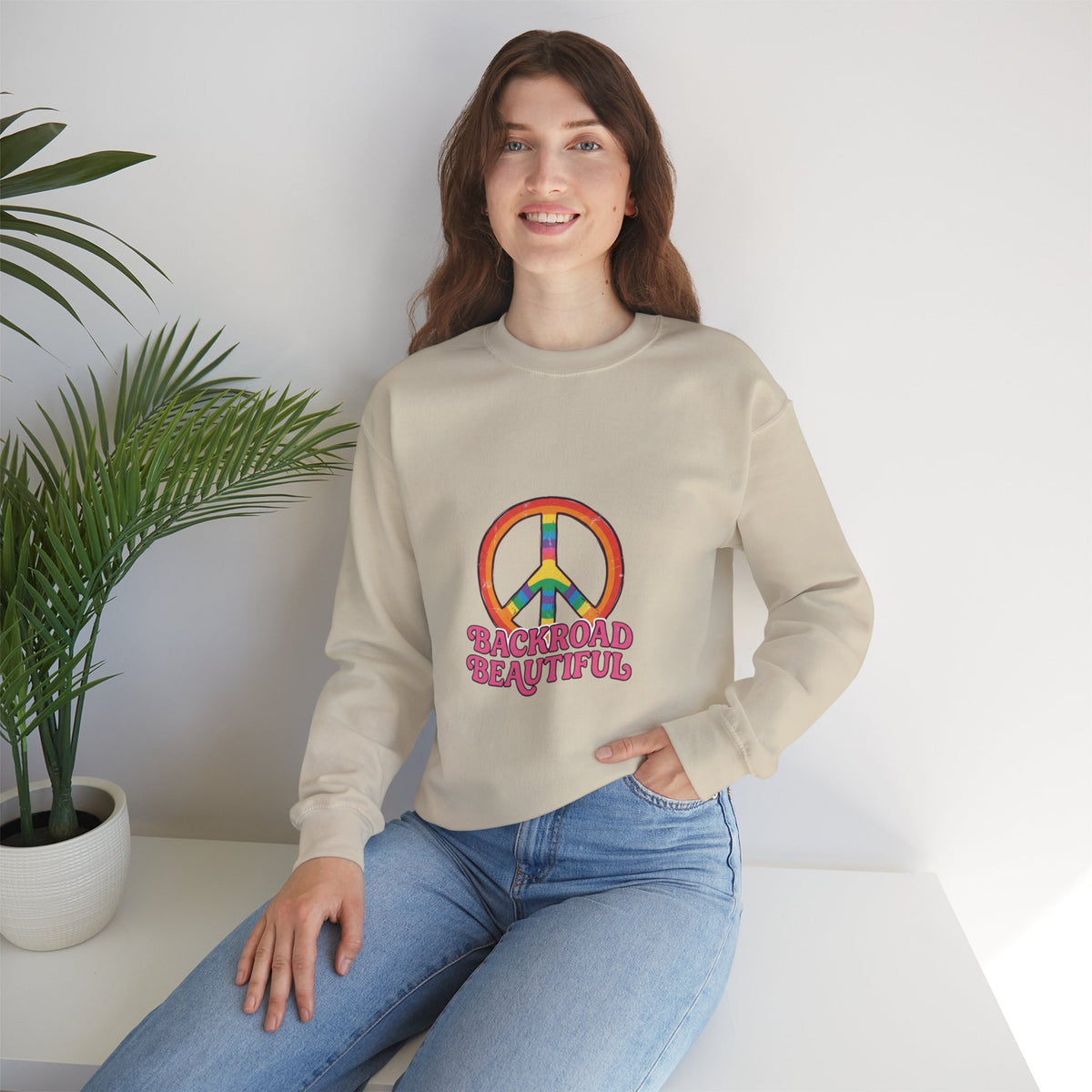 Backroad Beautiful Peace Sign Sweatshirt - Retro Rainbow Crewneck
