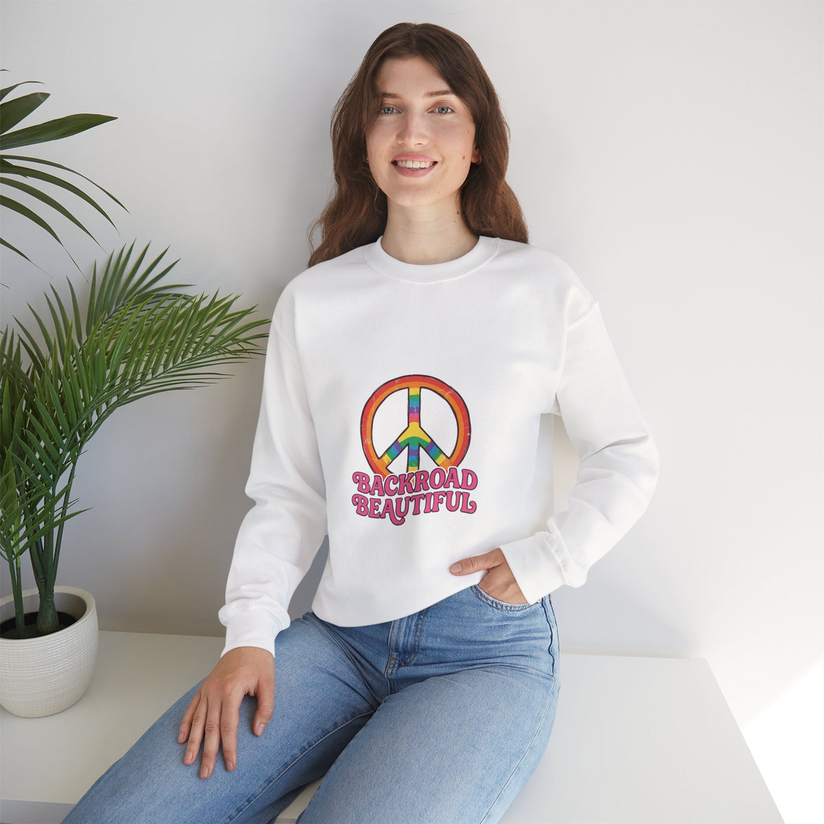 Backroad Beautiful Peace Sign Sweatshirt - Retro Rainbow Crewneck