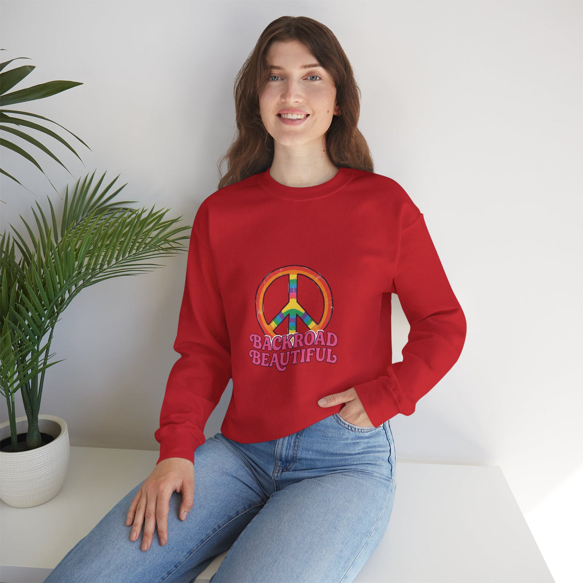 Backroad Beautiful Peace Sign Sweatshirt - Retro Rainbow Crewneck