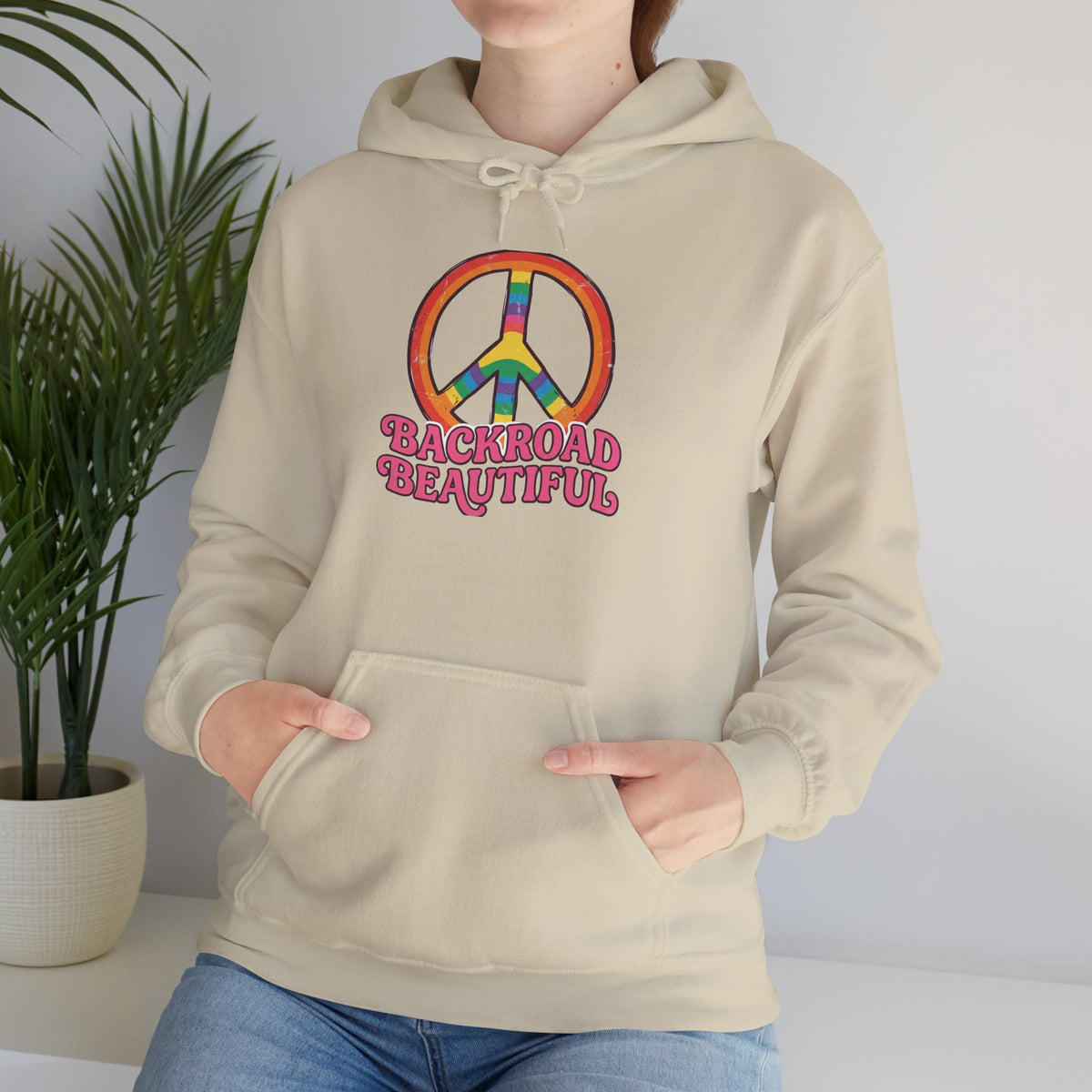 Peace Sign Hoodie — "Backroad Beautiful" Retro Rainbow Graphic