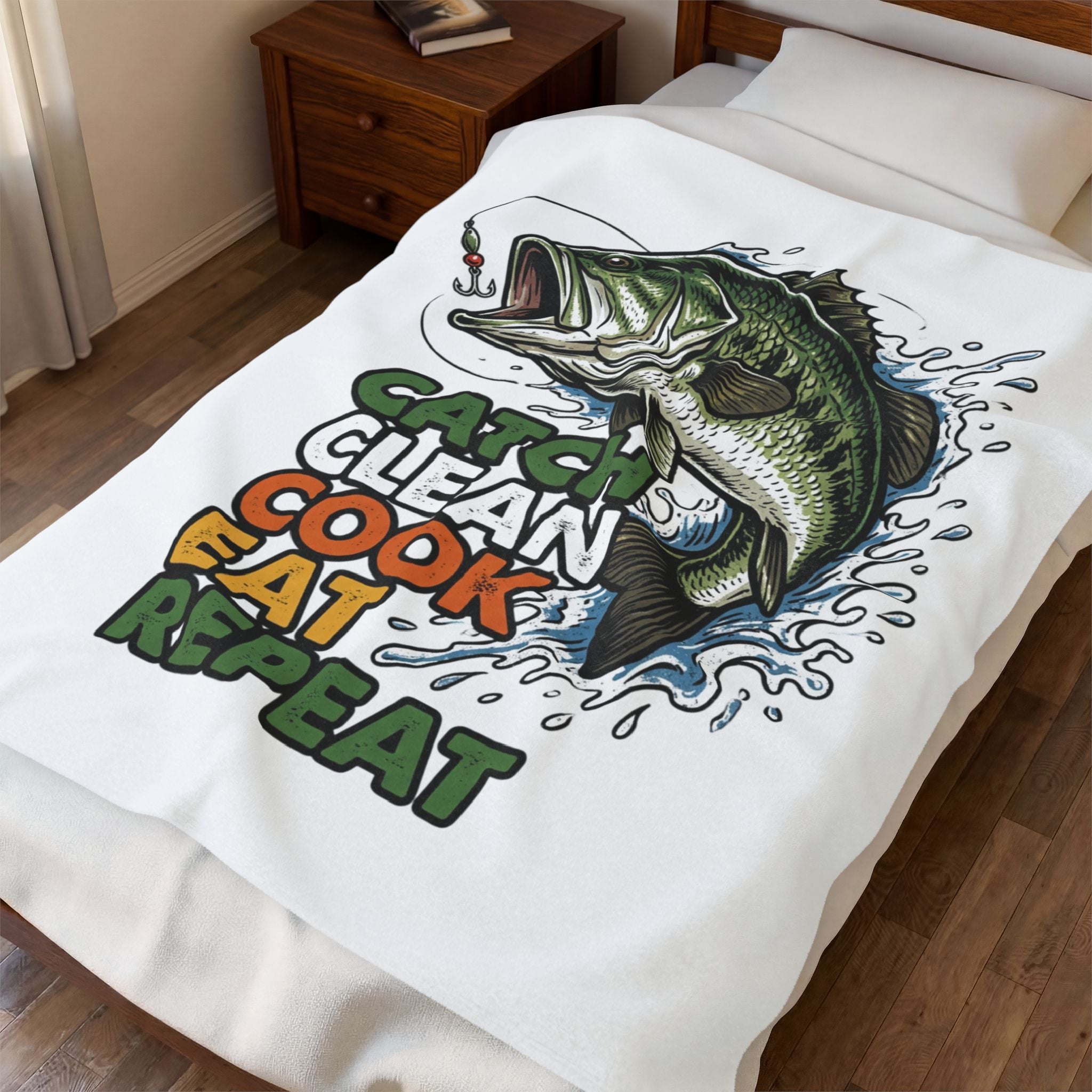Fishing Velveteen Plush Blanket — “Catch Clean Cook Eat Repeat” Bass Throw