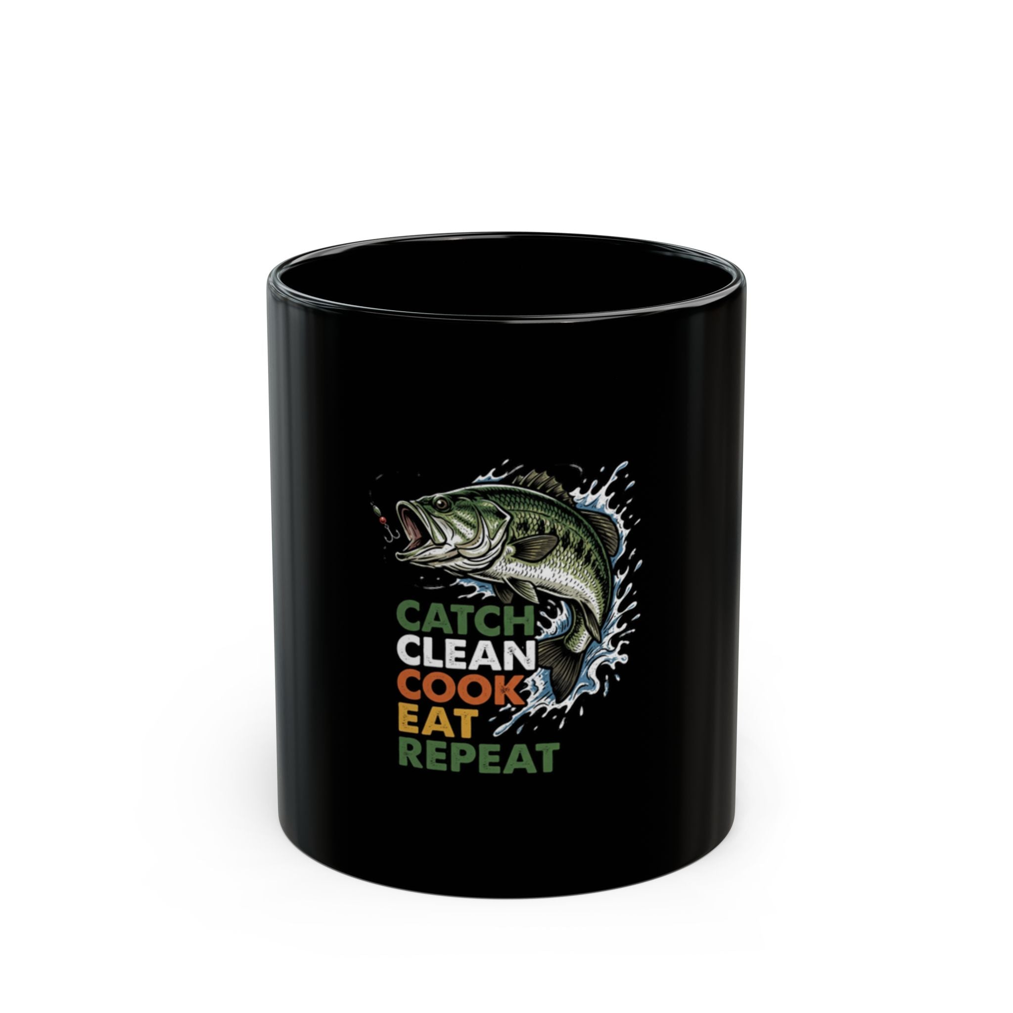 Fishing Mug – "Catch, Clean, Cook, Eat, Repeat" Black Coffee Cup (11oz/15oz)