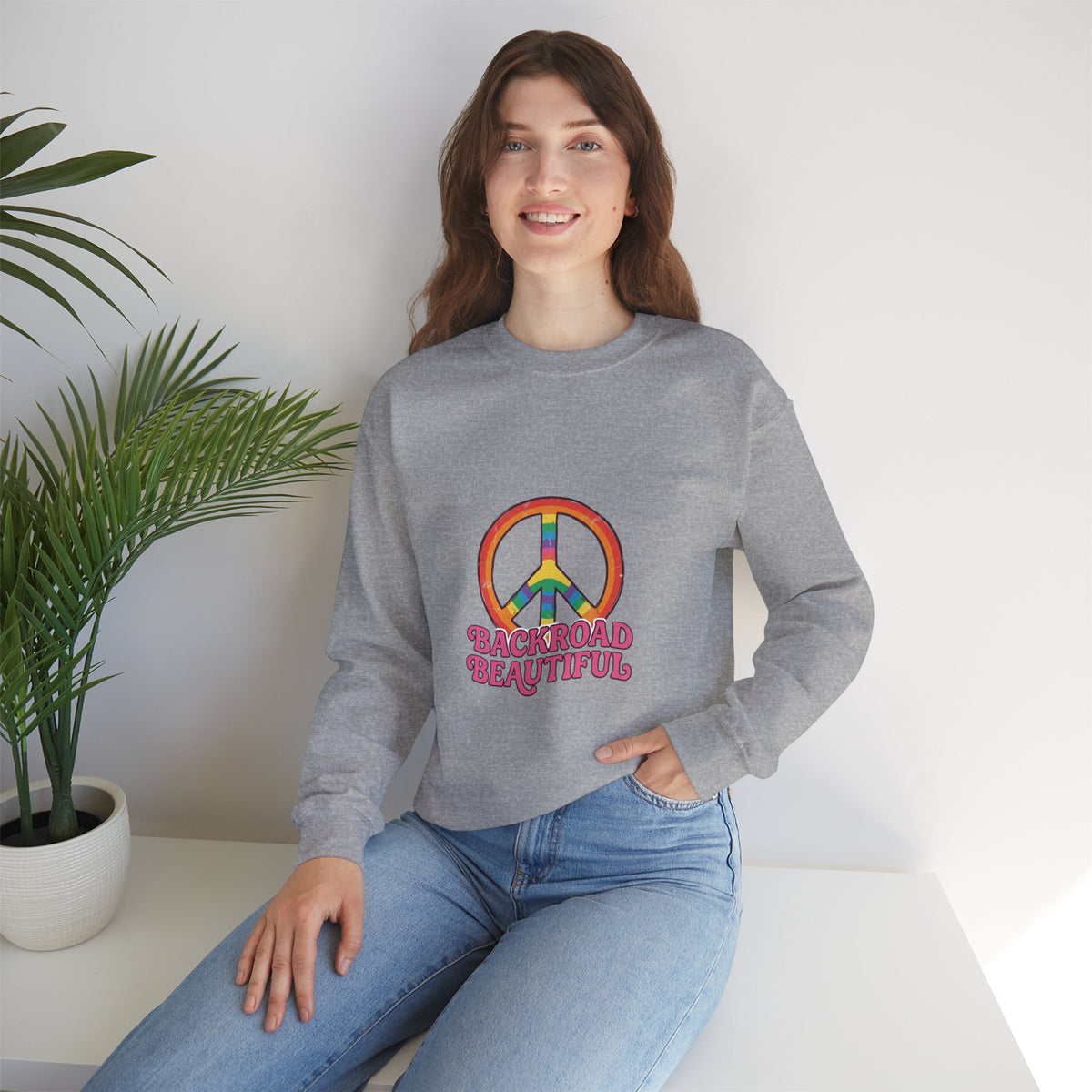 Backroad Beautiful Peace Sign Sweatshirt - Retro Rainbow Crewneck