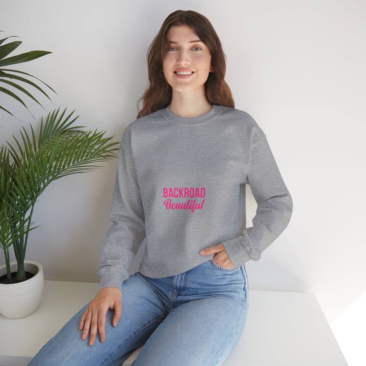 Crewneck Sweatshirt — "Backroad Beautiful" Pink Script Cozy Pullover