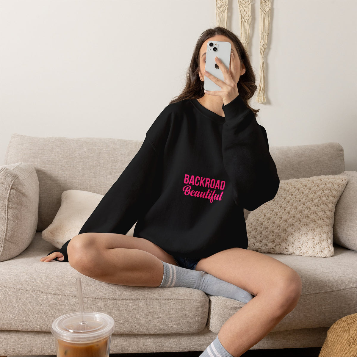 Crewneck Sweatshirt — "Backroad Beautiful" Pink Script Cozy Pullover