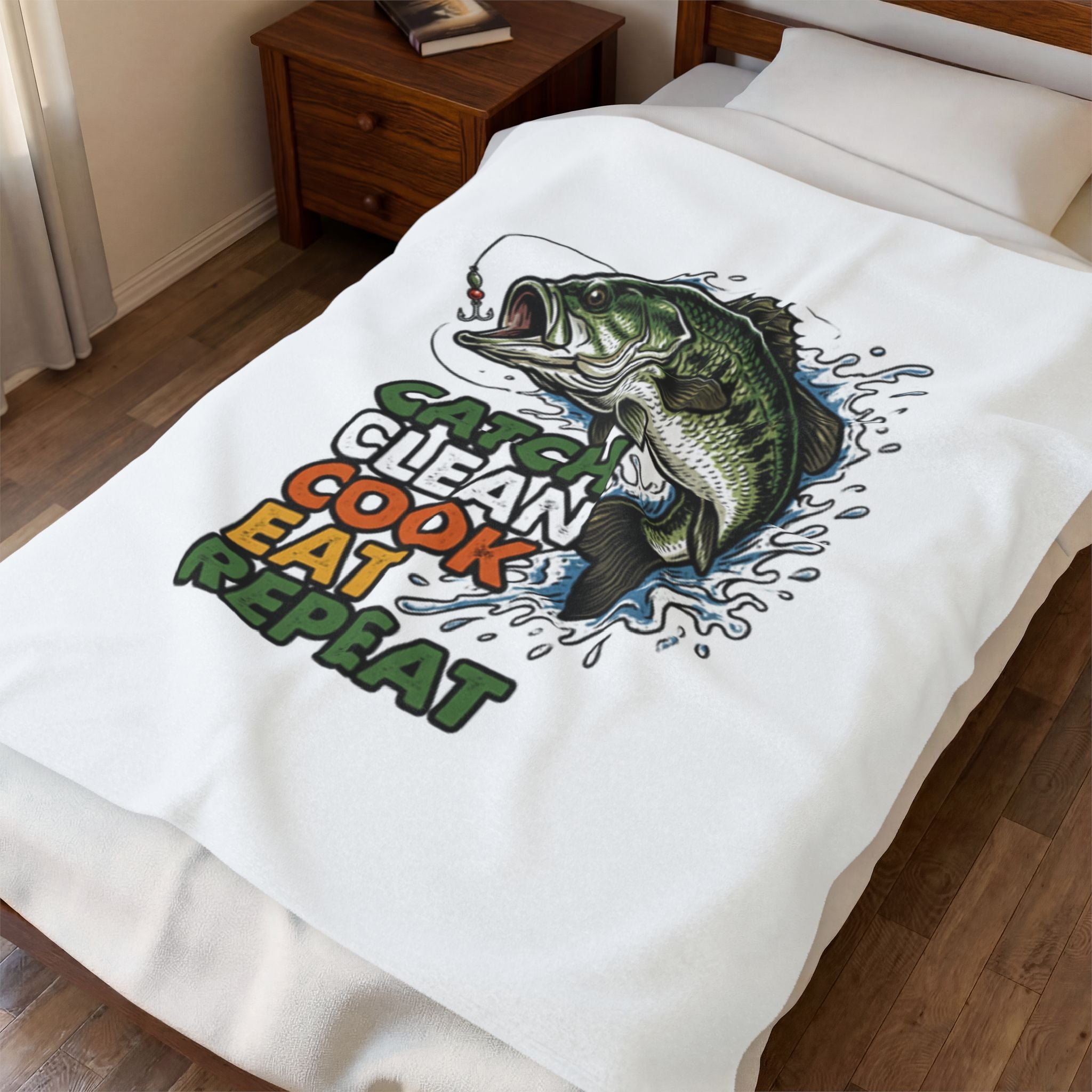 Fishing Blanket – “Catch Clean Cook Eat Repeat” Velveteen Plush Throw