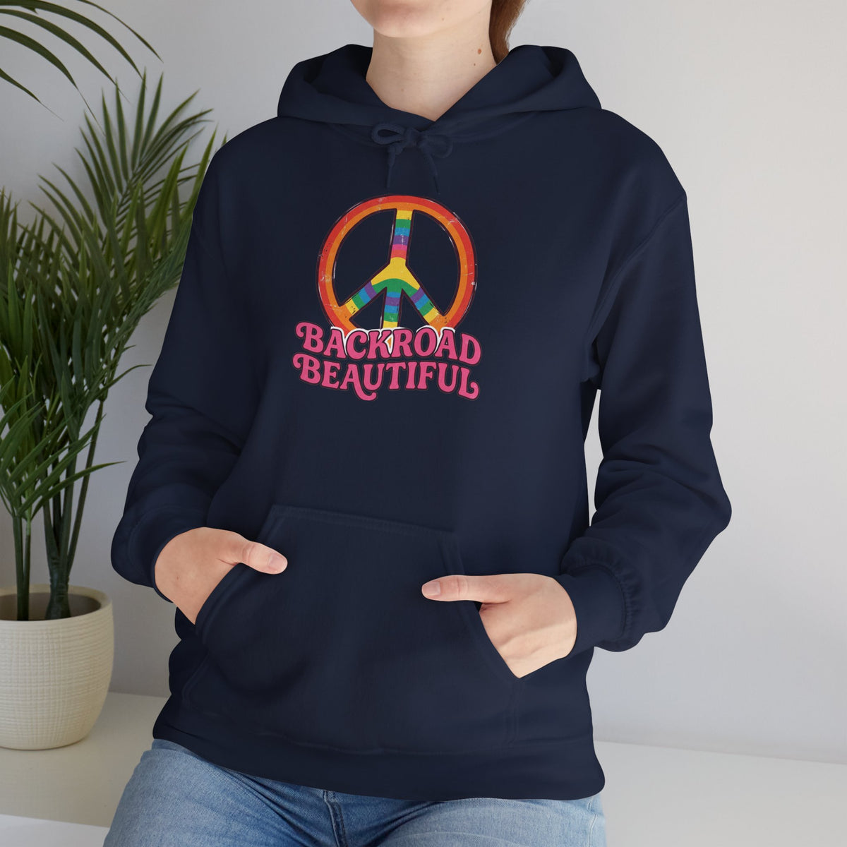 Peace Sign Hoodie — "Backroad Beautiful" Retro Rainbow Graphic