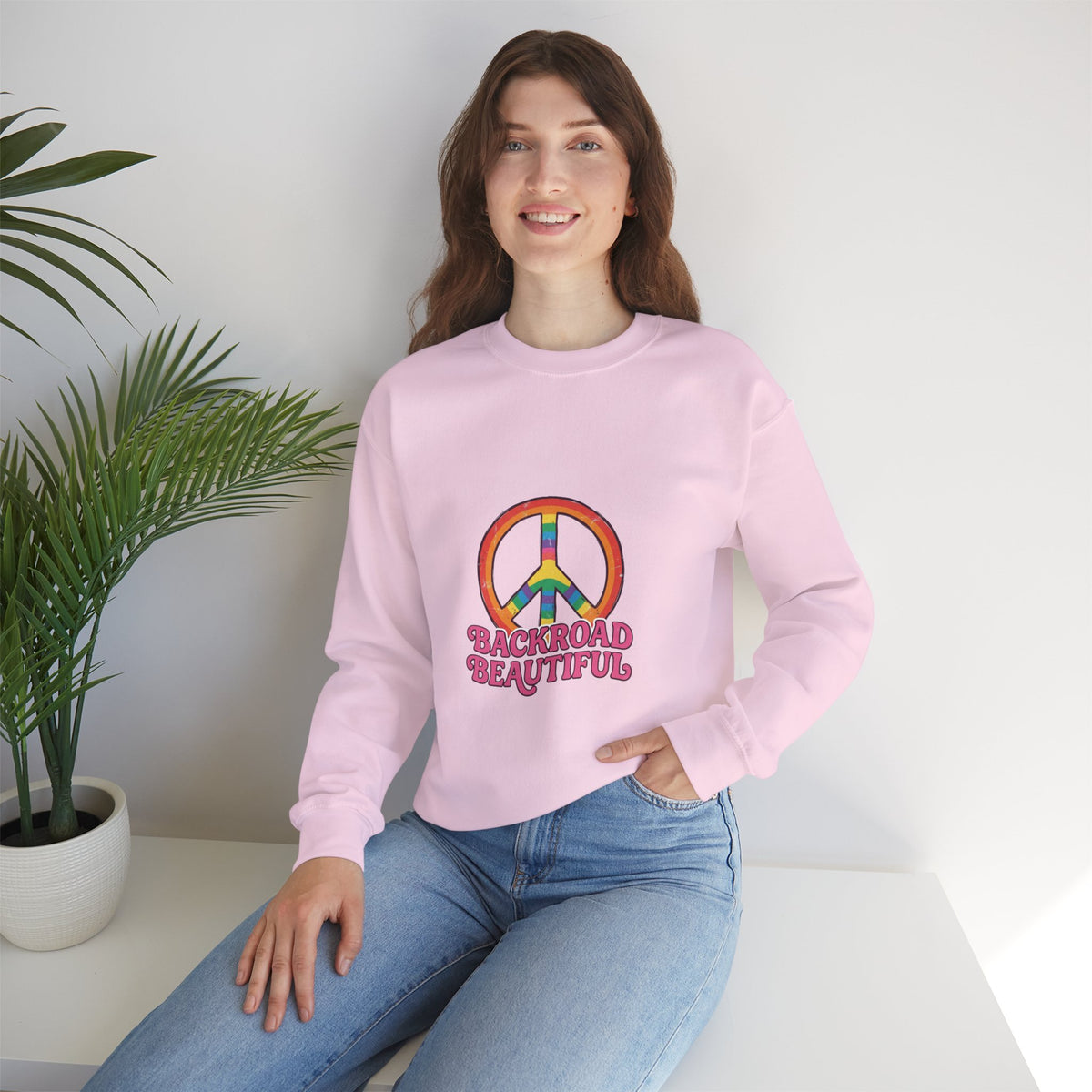 Backroad Beautiful Peace Sign Sweatshirt - Retro Rainbow Crewneck