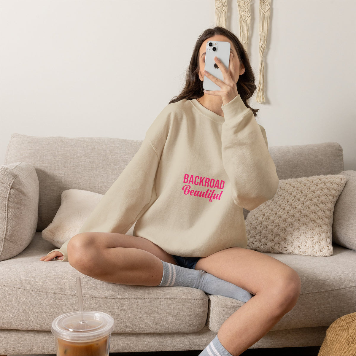 Crewneck Sweatshirt — "Backroad Beautiful" Pink Script Cozy Pullover
