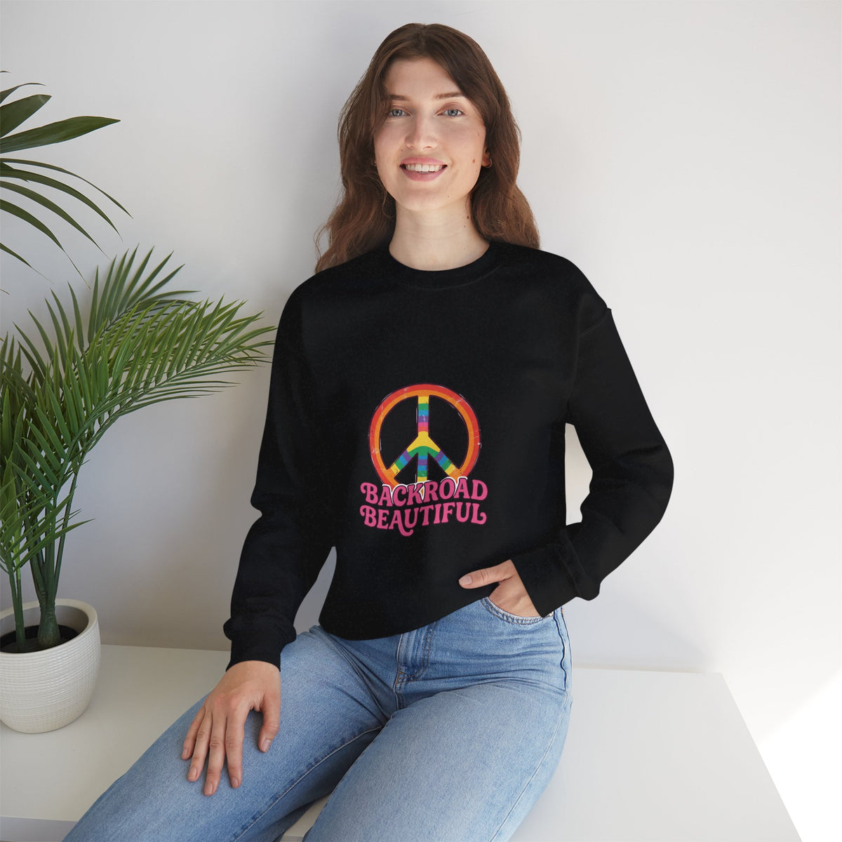 Backroad Beautiful Peace Sign Sweatshirt - Retro Rainbow Crewneck