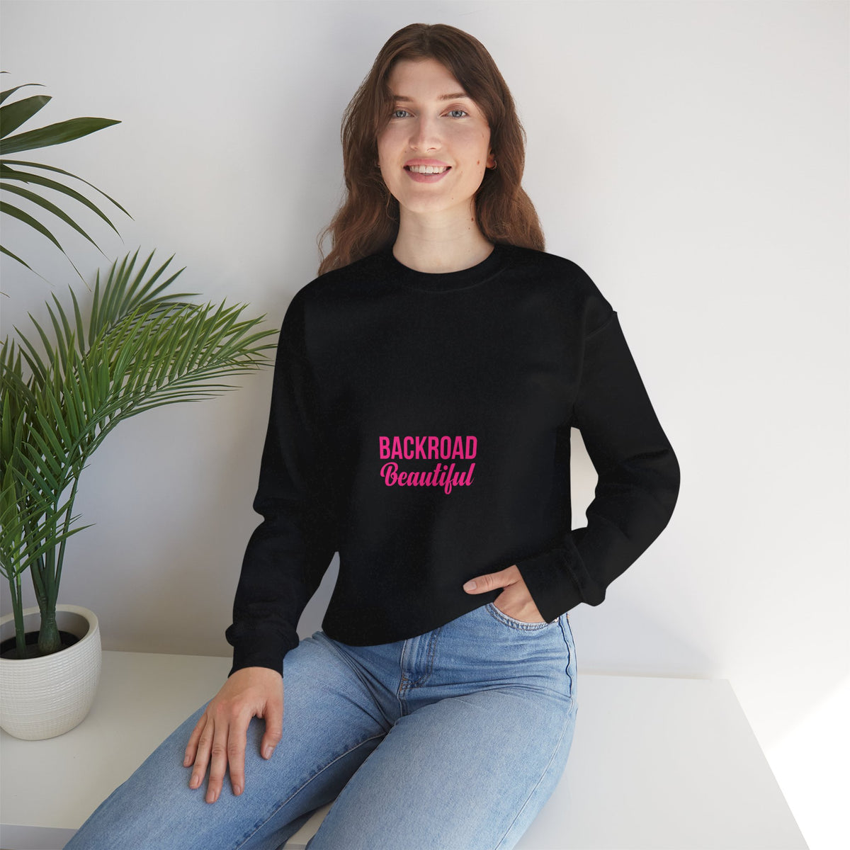 Crewneck Sweatshirt — "Backroad Beautiful" Pink Script Cozy Pullover