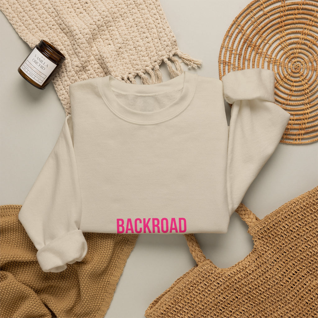 Crewneck Sweatshirt — "Backroad Beautiful" Pink Script Cozy Pullover