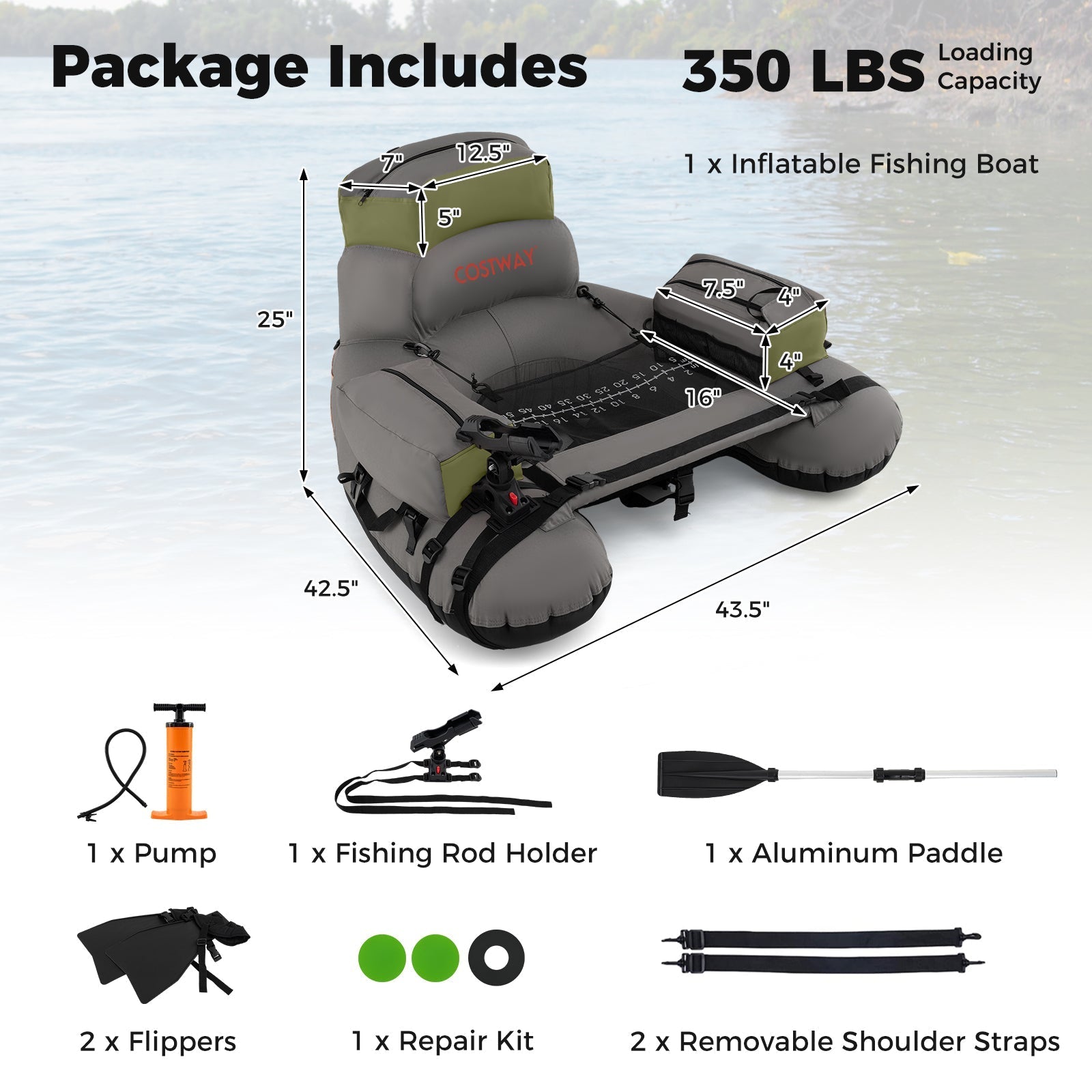 Inflatable Fishing Float Tube with Shoulder Straps and Storage for Angling