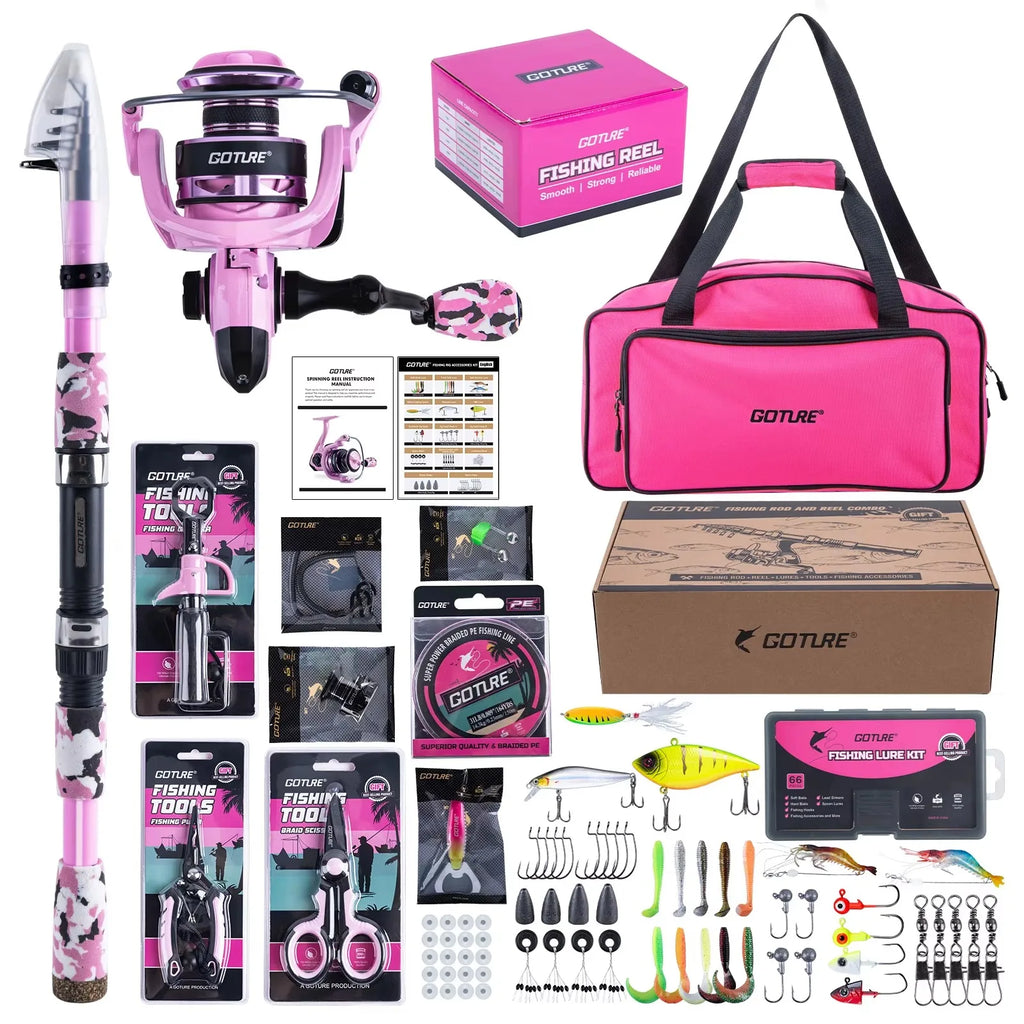 Goture Pink Fishing Rod and Reel Combo, All-in-One Fishing